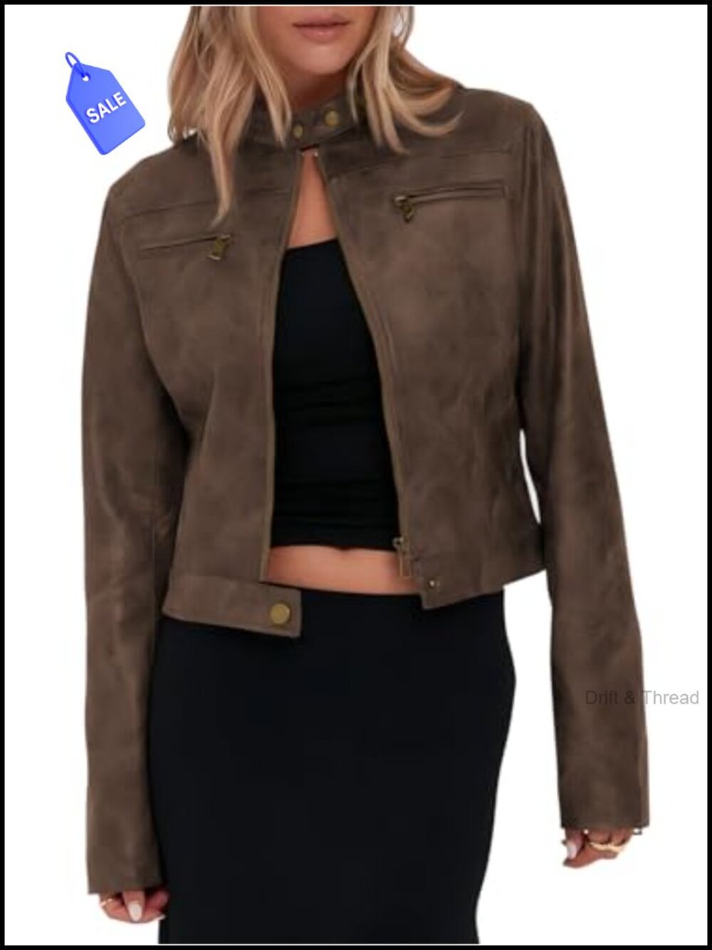 Faux Leather Cropped Moto Jacket Zip Up Stand Collar Casual